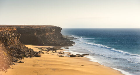Closeup shot of the coast of Fuerteventura at El Cotillo in the Canary Islands, Spain