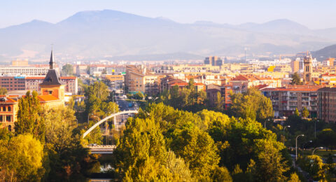 View of Pamplona with bridge over Arga