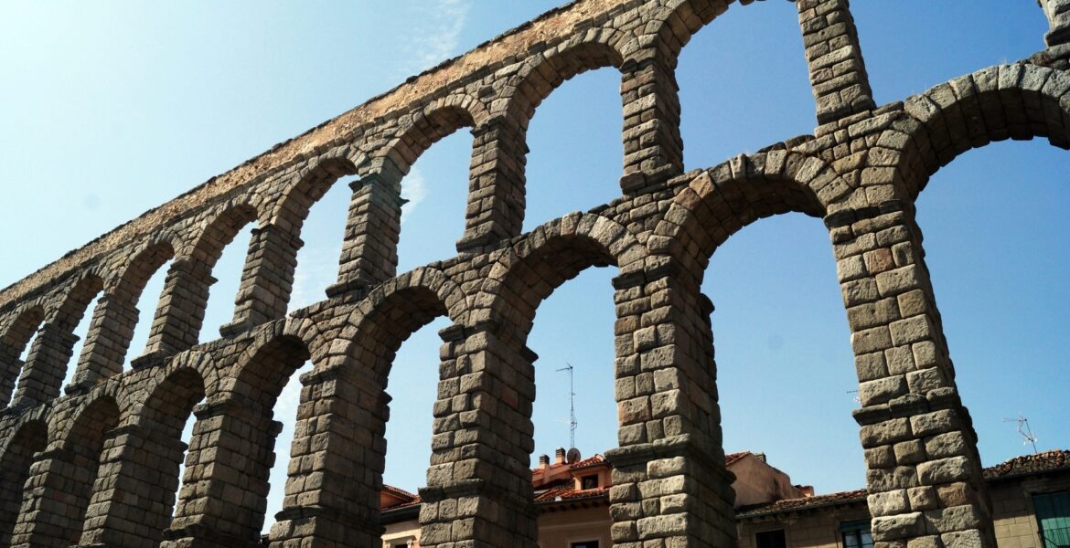 Bottom view shot of Aqueduct of Segovia in Segovia, Spain
